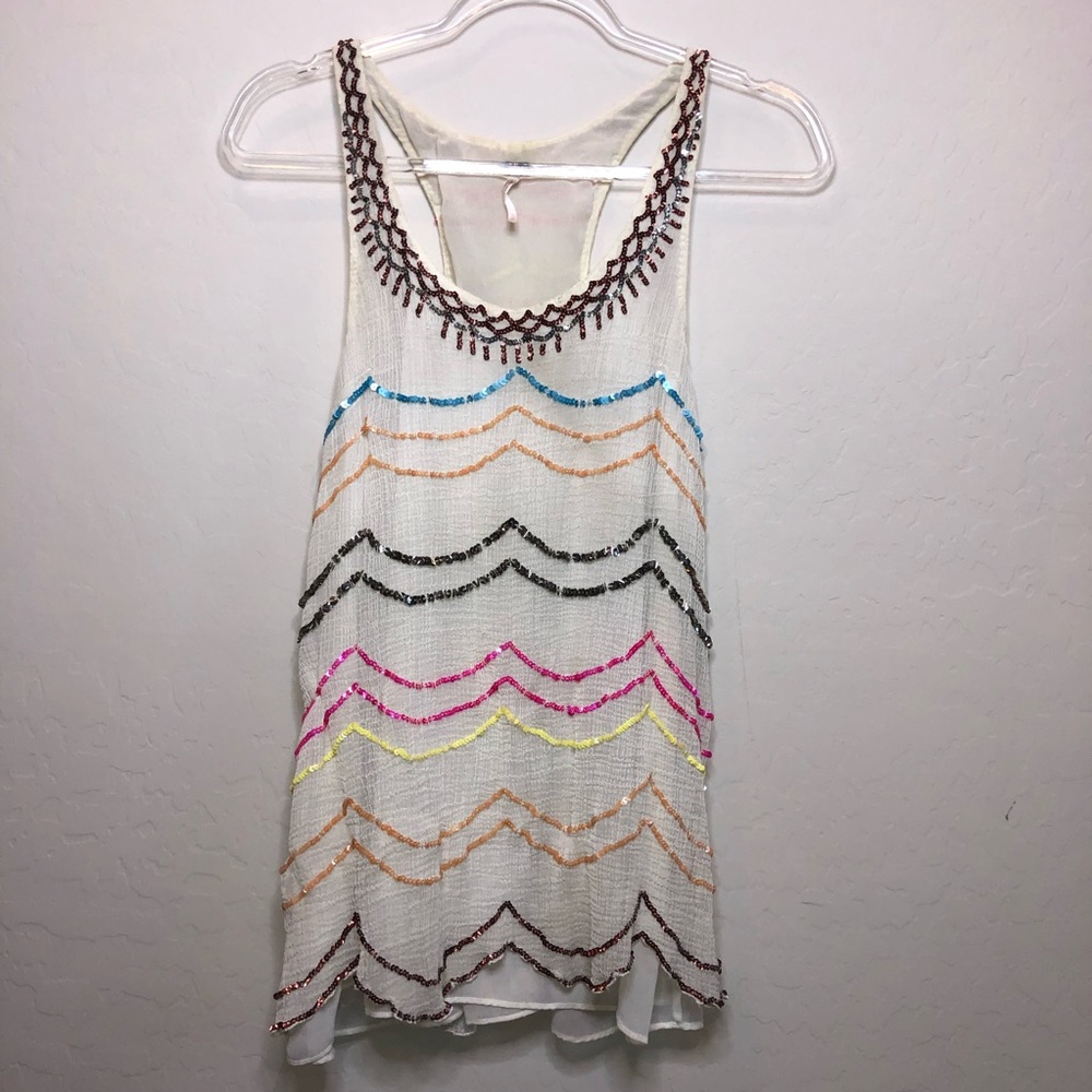 Free People Cream Tank Top with Colorful Sequins C